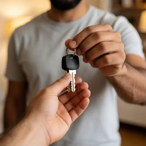 Premier plan d'une main tendue qui remet des clés de maison lors d'un échange, avec une lumière chaleureuse, idéal pour le secteur immobilier.
