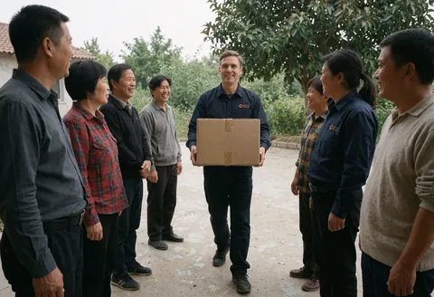 Un professionnel remet une boîte à des clients dans une cour extérieure, tous sourient et interagissent, scène réaliste de service en action.