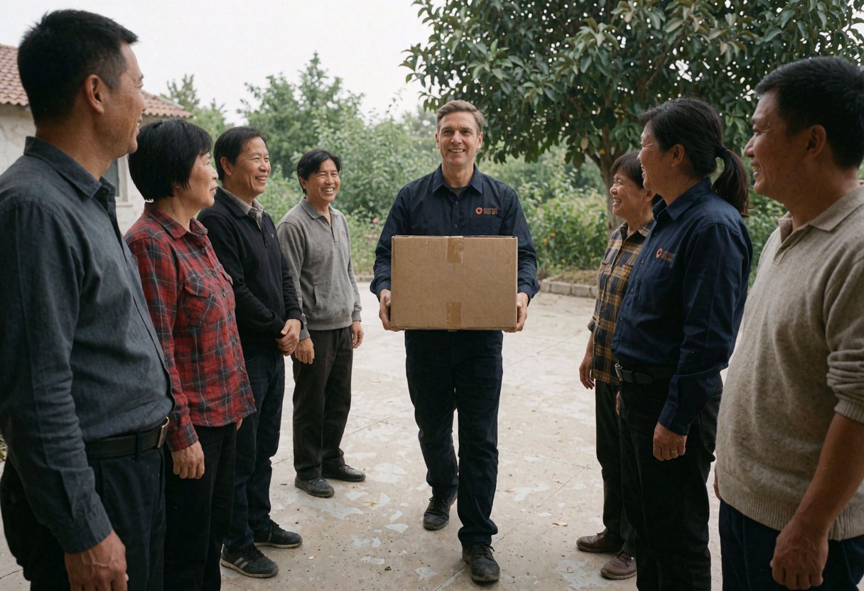 Un professionnel remet une boîte à des clients dans une cour extérieure, tous sourient et interagissent, scène réaliste de service en action.