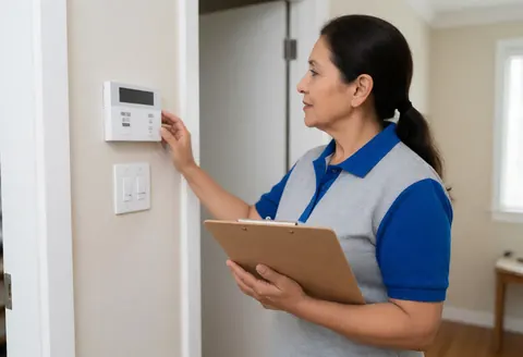 Une femme d'âge mûr examine un panneau de sécurité dans une maison, tenant un porte-documents avec une expression professionnelle et attentive.