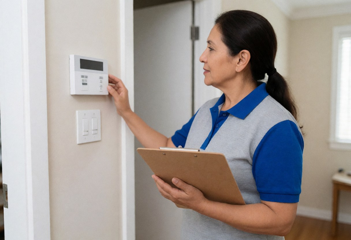 Une femme d'âge mûr examine un panneau de sécurité dans une maison, tenant un porte-documents avec une expression professionnelle et attentive.