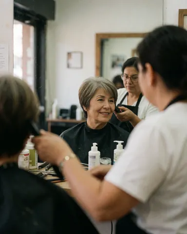 Une cliente sourit en admirant sa nouvelle coiffure dans le miroir pendant que la coiffeuse travaille.