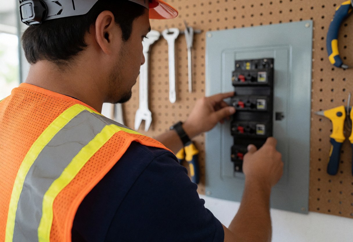 Un électricien examine un panneau de circuits dans un atelier avec des outils suspendus sur un tableau perforé en arrière-plan.