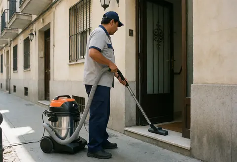 Un agent de nettoyage en uniforme tient un grand aspirateur sur le trottoir près d'une porte d'entrée sous la lumière du jour dans un quartier résidentiel.