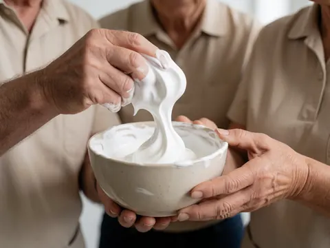 Mains préparant une crème à raser mousseuse dans un récipient sur fond flou, idéal pour la barbierie professionnelle.