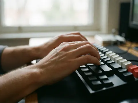 Mains d'adulte tapant avec précision sur un clavier noir et blanc éclairé par la lumière naturelle d'une fenêtre, idéal pour le télétravail et les visioconférences.