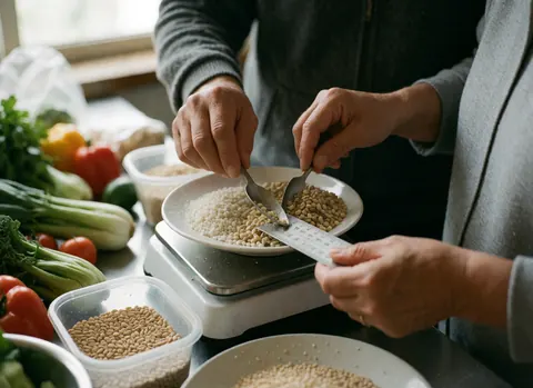 Mains versant des portions de céréales sur une balance de cuisine avec des légumes frais en arrière-plan.