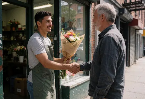 Un fleuriste latino-américain tend un bouquet à un client âgé devant sa boutique en ville, ils se serrent la main avec le sourire.