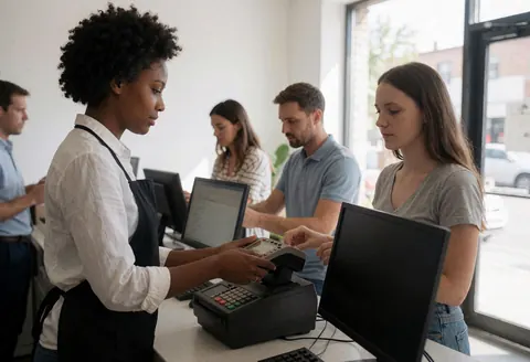 Une caissière effectue une transaction à la caisse tandis qu'un client se tient devant elle dans un environnement de magasin animé par d'autres employés et clients.