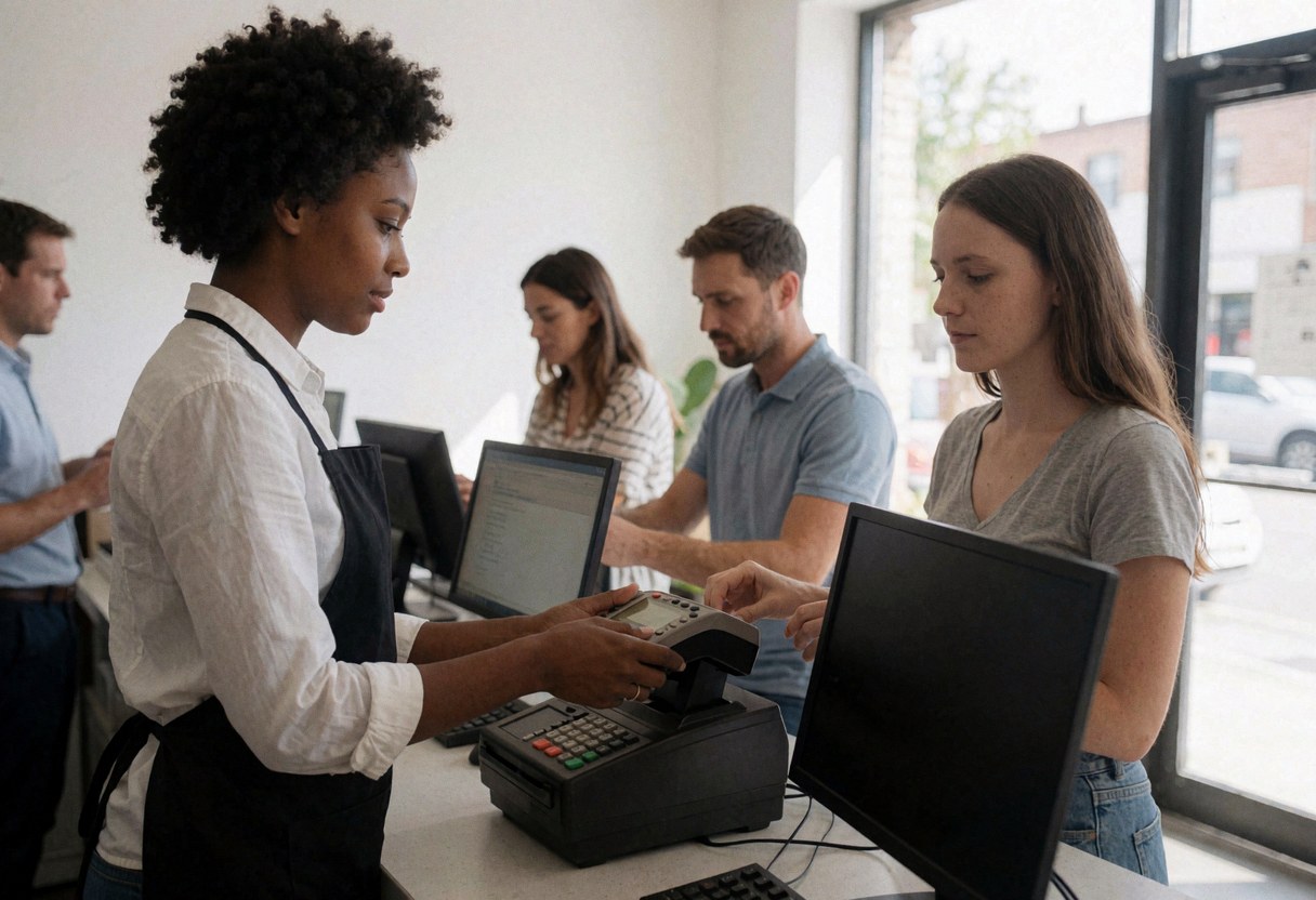 Une caissière effectue une transaction à la caisse tandis qu'un client se tient devant elle dans un environnement de magasin animé par d'autres employés et clients.