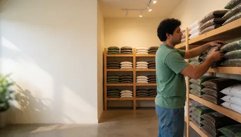 Vue intérieure d'une boutique d'intrants agricoles montrant des rayonnages en bois remplis de sacs de terre et un homme rangeant des produits.