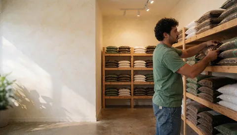 Vue intérieure d'une boutique d'intrants agricoles montrant des rayonnages en bois remplis de sacs de terre et un homme rangeant des produits.
