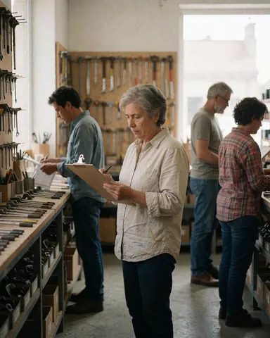 Une femme mature consulte une liste sur un classeur dans une ferretterie avec des outils ranges et d'autres employes en arriere-plan.