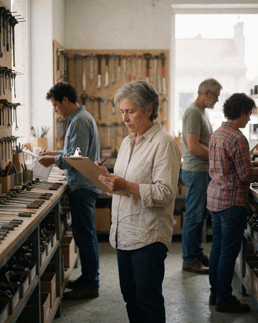 Une femme mature consulte une liste sur un classeur dans une ferretterie avec des outils ranges et d'autres employes en arriere-plan.
