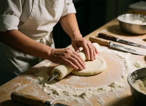 Des mains de chef pétrissent la pâte avec un rouleau sur une table en bois parsemée de farine, entourée d'ustensiles de cuisine sous une lumière chaleureuse.