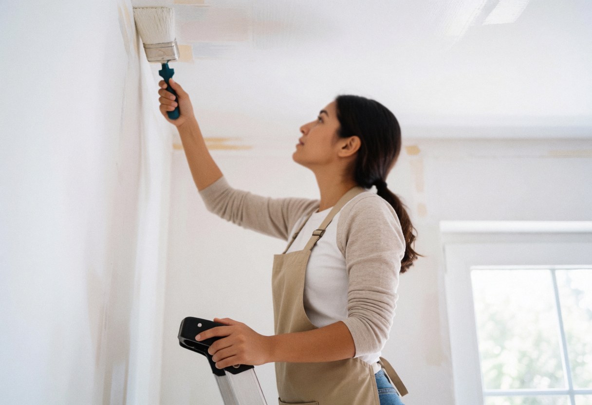 Une femme en tablier peint un mur blanc à l'aide d'une échelle, baignée par la lumière naturelle provenant d'une fenêtre.