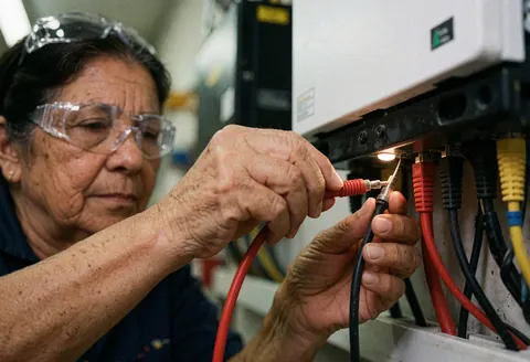 Une femme âgée connecte des câbles rouges et noirs sur un onduleur solaire, portant des lunettes de sécurité dans un atelier technique.