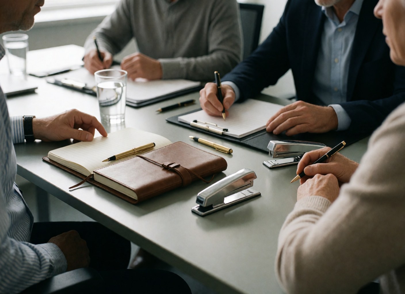 Groupe de professionnels lors d'une réunion de conseil, avec des carnets, stylos, agrafeuse et verres d'eau sur une table moderne.