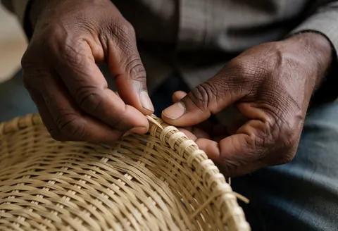 Des mains d'un homme âgé cousant soigneusement une corbeille en osier, démontrant habileté et dévouement dans l'artisanat manuel.