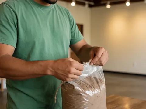 Gros plan d'une main masculine nouant fermement un sac rempli de terre dans un magasin agricole avec des murs et un sol poli en arrière-plan.