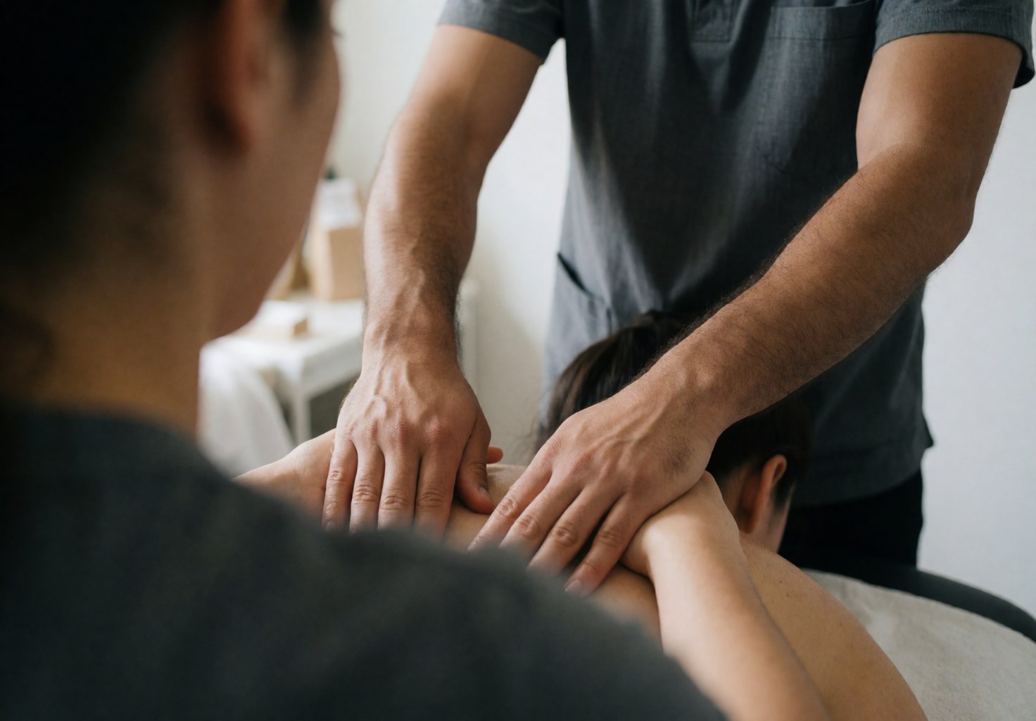 Un homme effectue un massage facial sur une femme dans un salon d'esthétique avec des gestes professionnels.