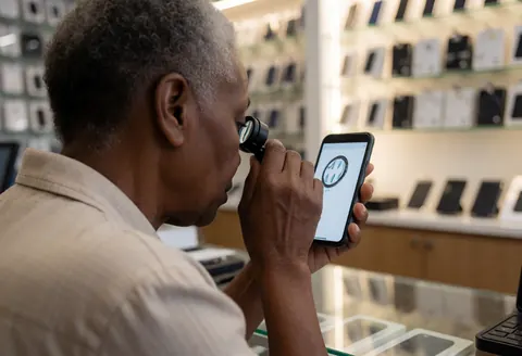 Une femme âgée inspecte attentivement un smartphone à l'aide d'une loupe dans un magasin de technologie, mettant en valeur le service technique.