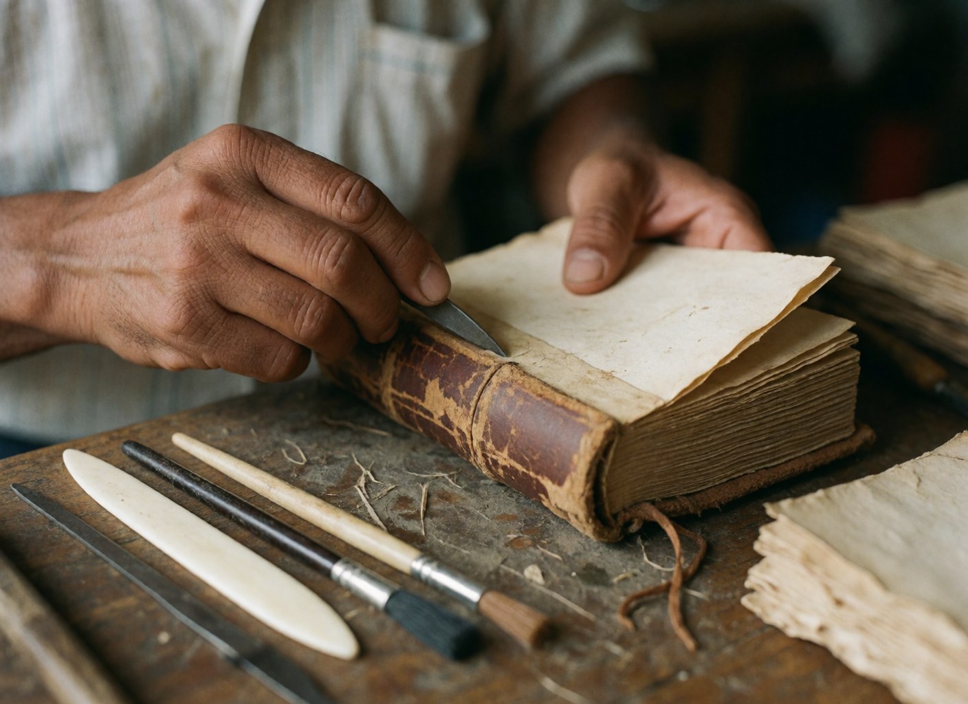 Main masculine effectuant la réparation d'un vieux livre avec des outils de reliure sur une table en bois.