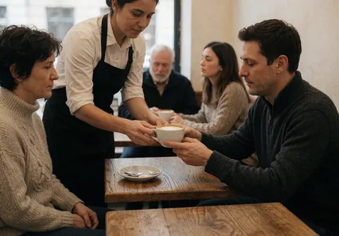 Un barista prépare et sert un cappuccino à un client assis à une table en bois dans un café au cadre chaleureux.