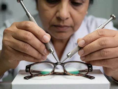 Un technicien ajuste minutieusement les vis d'une monture de lunettes à l'aide d'outils métalliques dans un environnement professionnel.