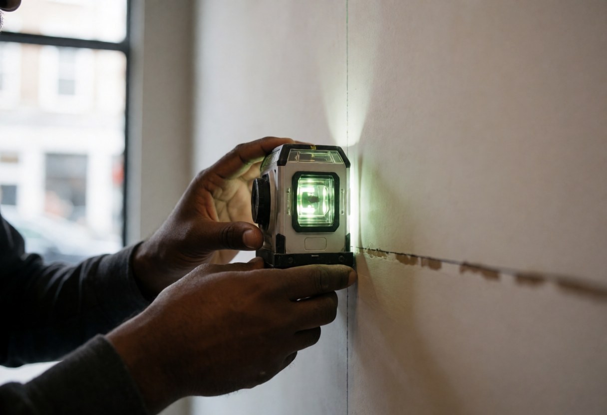 Main d'un travailleur utilisant un niveau laser pour tracer une ligne droite sur un mur blanc dans un contexte de construction intérieure avec éclairage professionnel.