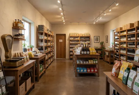 Vue intérieure d'une boutique agricole avec étagères en bois au style vintage, produits emballés, éclairage chaleureux et sol en béton poli.