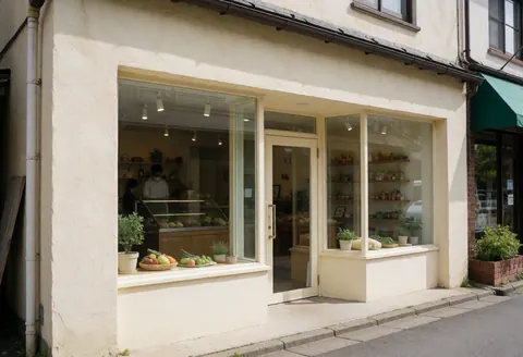 Façade d'un magasin de produits agricoles avec une vitrine exposant des fruits et légumes frais, des murs en stuc crème et une porte en verre créant un environnement accueillant et propre.