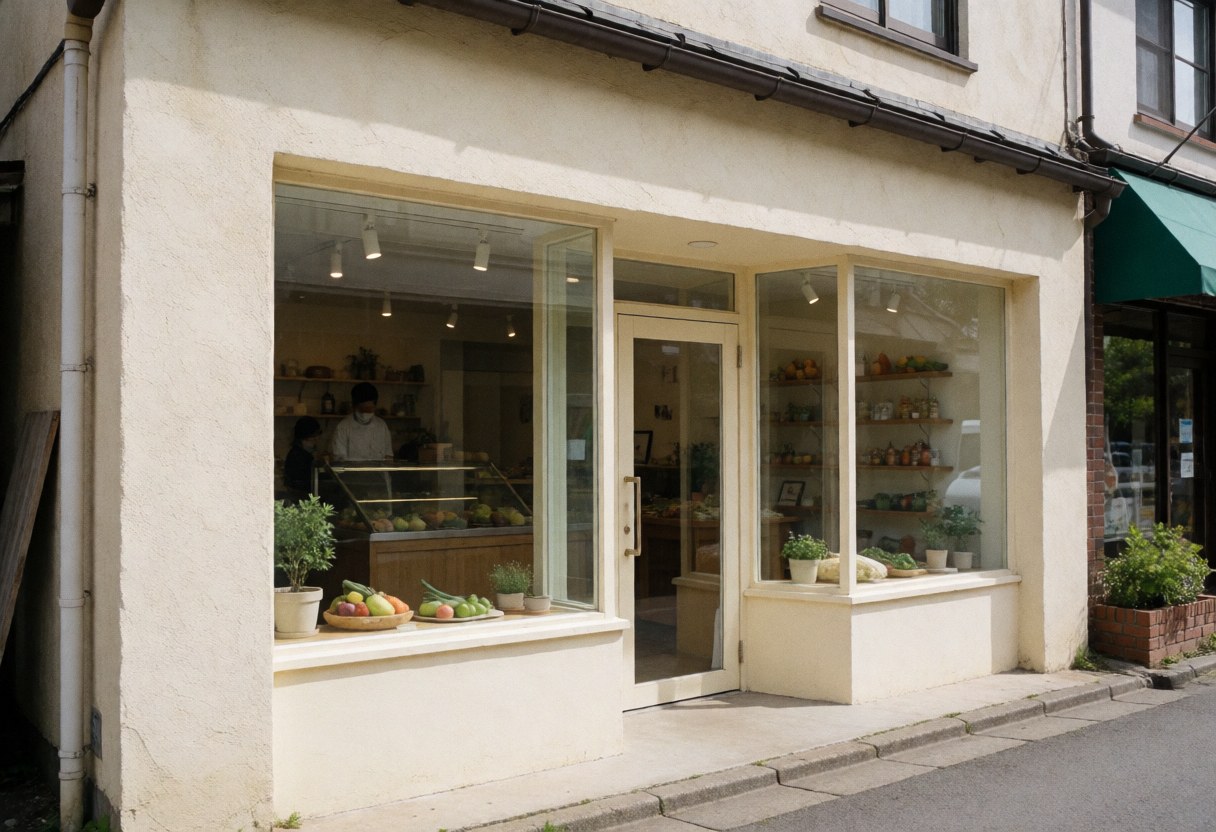Façade d'un magasin de produits agricoles avec une vitrine exposant des fruits et légumes frais, des murs en stuc crème et une porte en verre créant un environnement accueillant et propre.