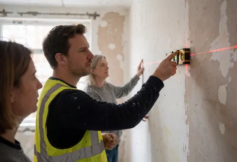 Un homme en gilet de sécurité ajuste un niveau laser rouge sur un mur en construction pendant qu'une autre personne observe la scène.