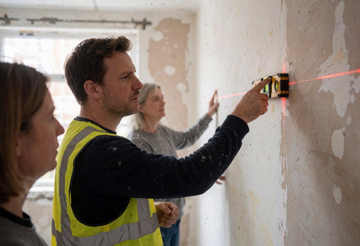 Un homme en gilet de sécurité ajuste un niveau laser rouge sur un mur en construction pendant qu'une autre personne observe la scène.