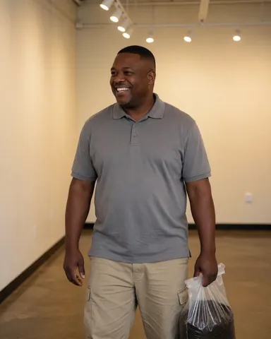 Un homme heureux tient un sac de terre dans un magasin d'agriculture avec des murs clairs et un sol en béton.