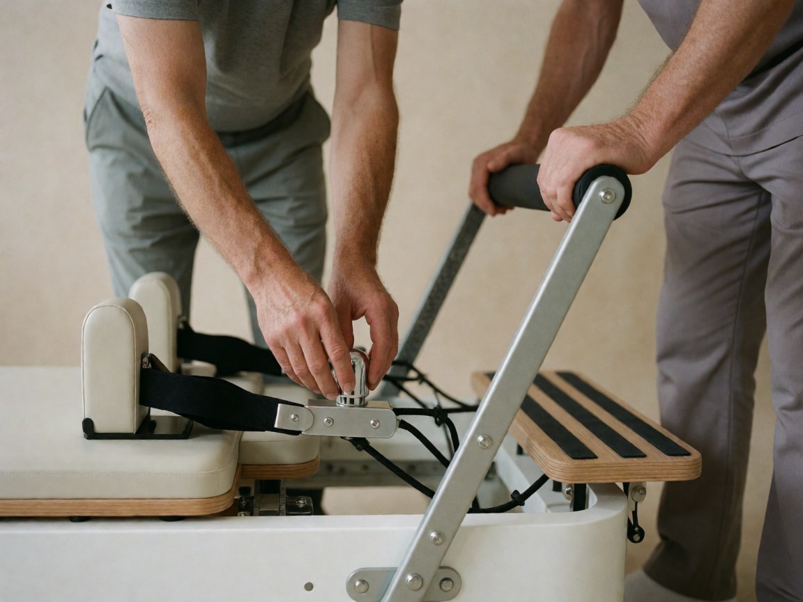 Deux personnes ajustent une machine de pilates. Mains sur les vis et les poignées. Fond neutre et éclairage doux. Idéal pour un gymnase ou un studio de yoga.