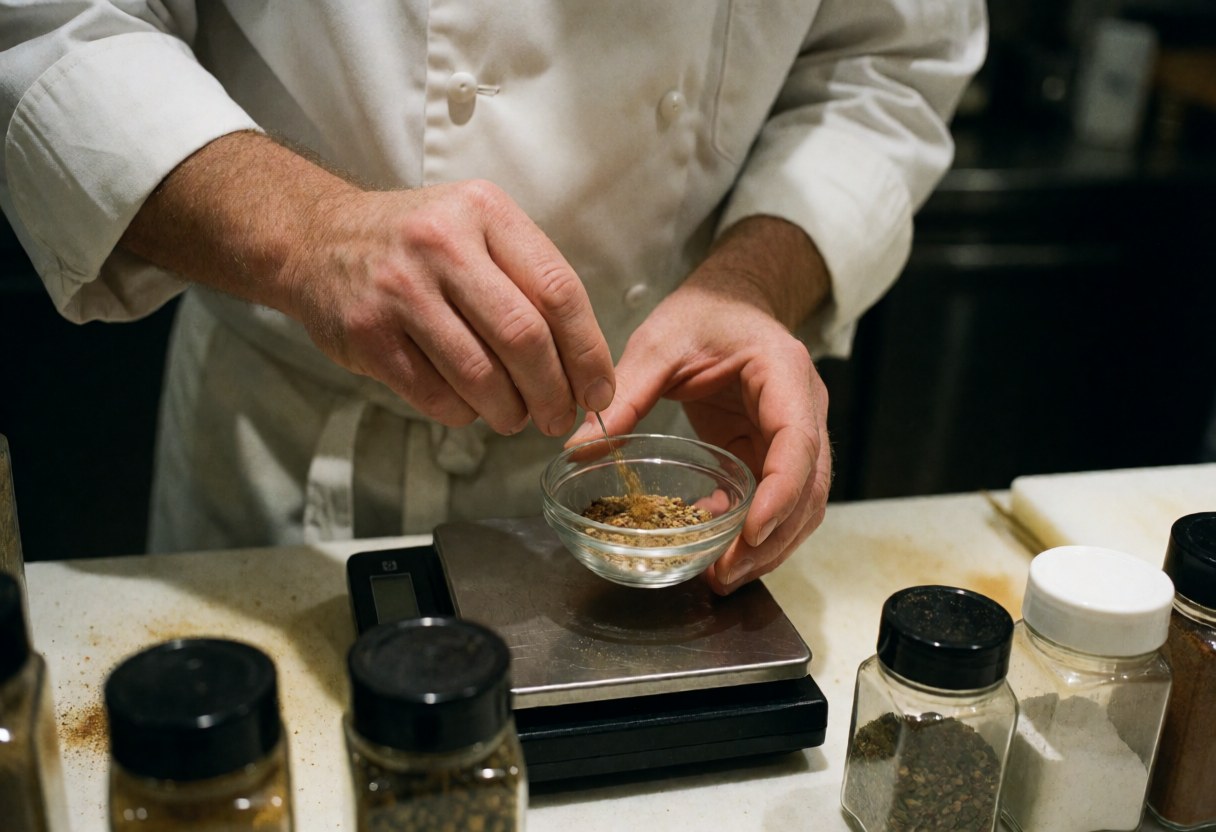 Un chef prépare un mélange d'épices sur une balance numérique, avec des bocaux d'épices autour, mettant l'accent sur la précision du processus.