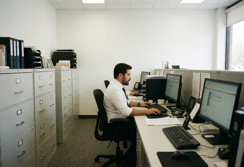 Un employé de bureau travaille sur son ordinateur parmi des classeurs et des documents dans un environnement professionnel.