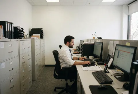 Un employé de bureau travaille sur son ordinateur parmi des classeurs et des documents dans un environnement professionnel.