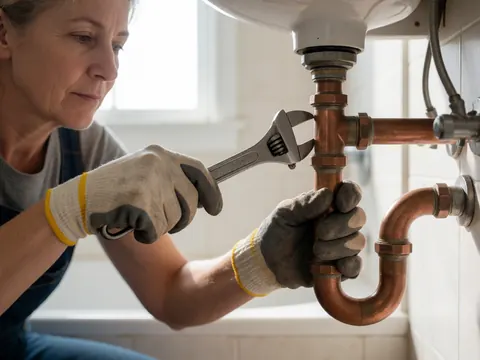 Une femme portant des gants de protection utilise une clé à molette pour ajuster un tuyau en cuivre sous un lavabo dans une salle de bain bien éclairée.