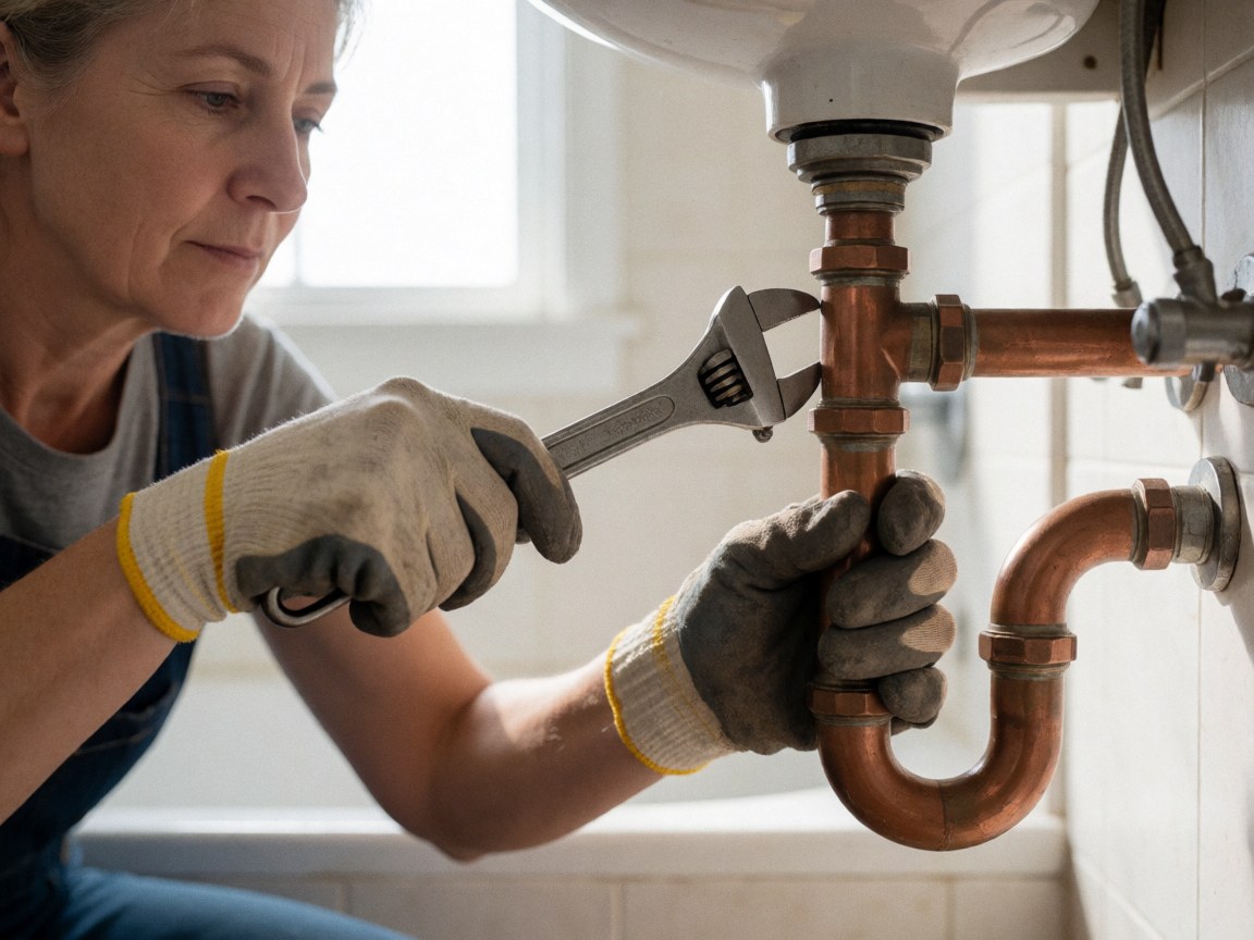 Une femme portant des gants de protection utilise une clé à molette pour ajuster un tuyau en cuivre sous un lavabo dans une salle de bain bien éclairée.