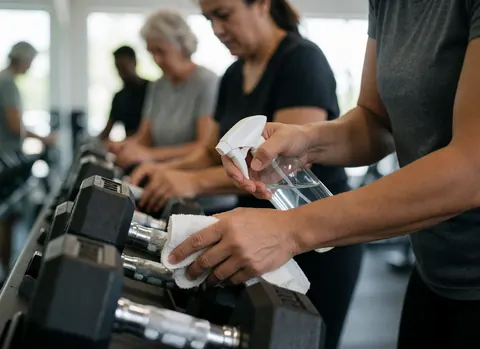 Une femme utilise un spray et une serviette pour nettoyer des poids dans un gymnase, mettant l'accent sur l'hygiène et le soin des équipements avec un arrière-plan flou.