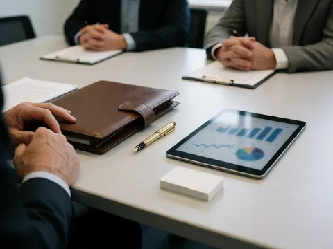 Sur une table blanche, un portefeuille en cuir, un stylo doré, une tablette affichant des graphiques et des cartes de visite.