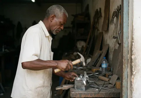 Un homme âgé martèle du métal dans un atelier, entouré d'outils et d'objets, avec une lumière naturelle et un fond flou.