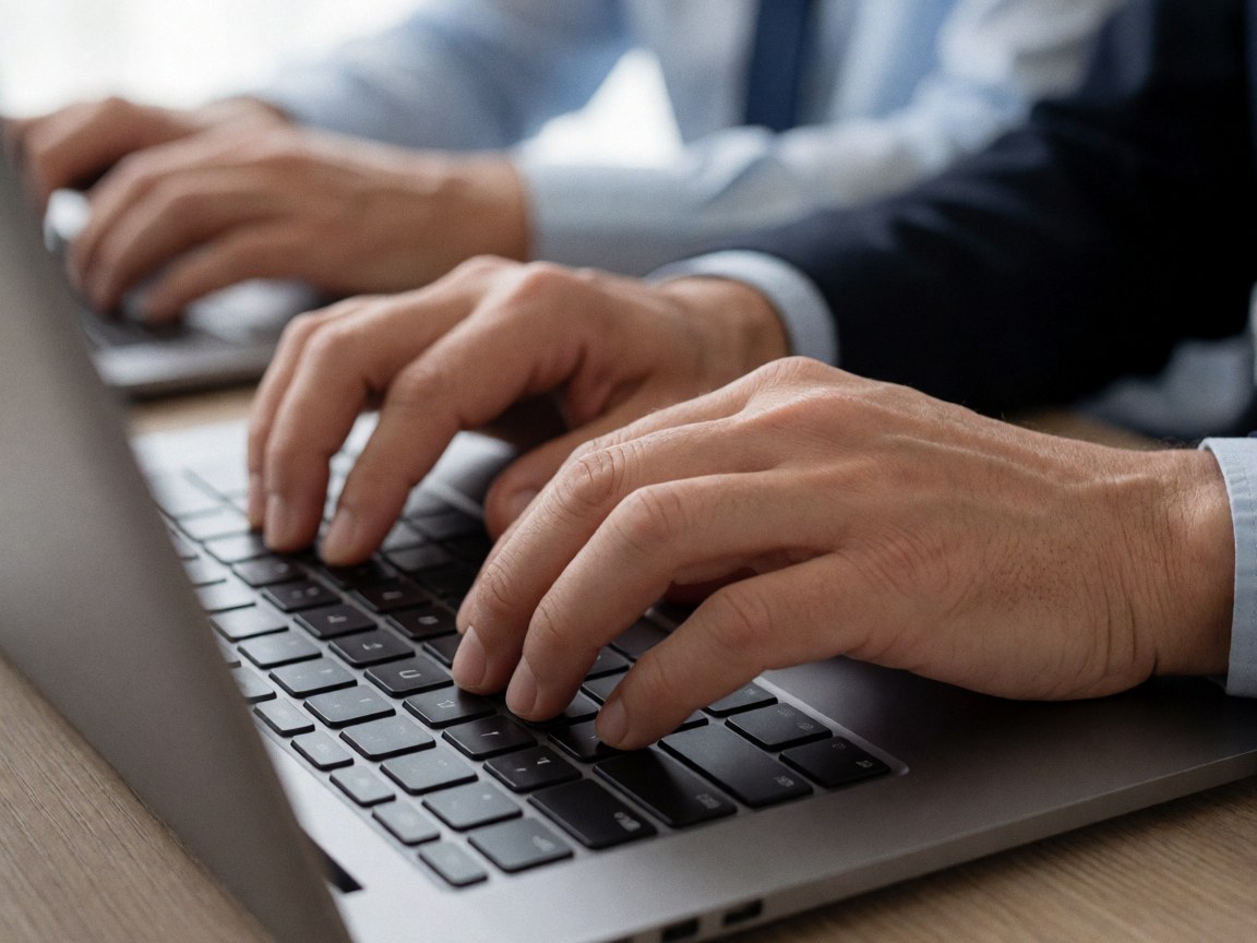 Profilé en chemise et cravate, des mains saisissent les touches d'un ordinateur portable dans un bureau moderne.