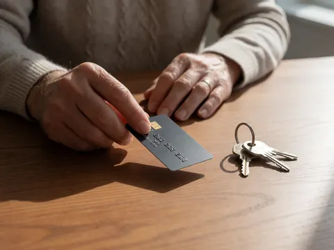 Une main tient une carte de crédit à côté de clés de maison sur une table en bois éclairée par la lumière naturelle, symbolisant la sécurité financière.
