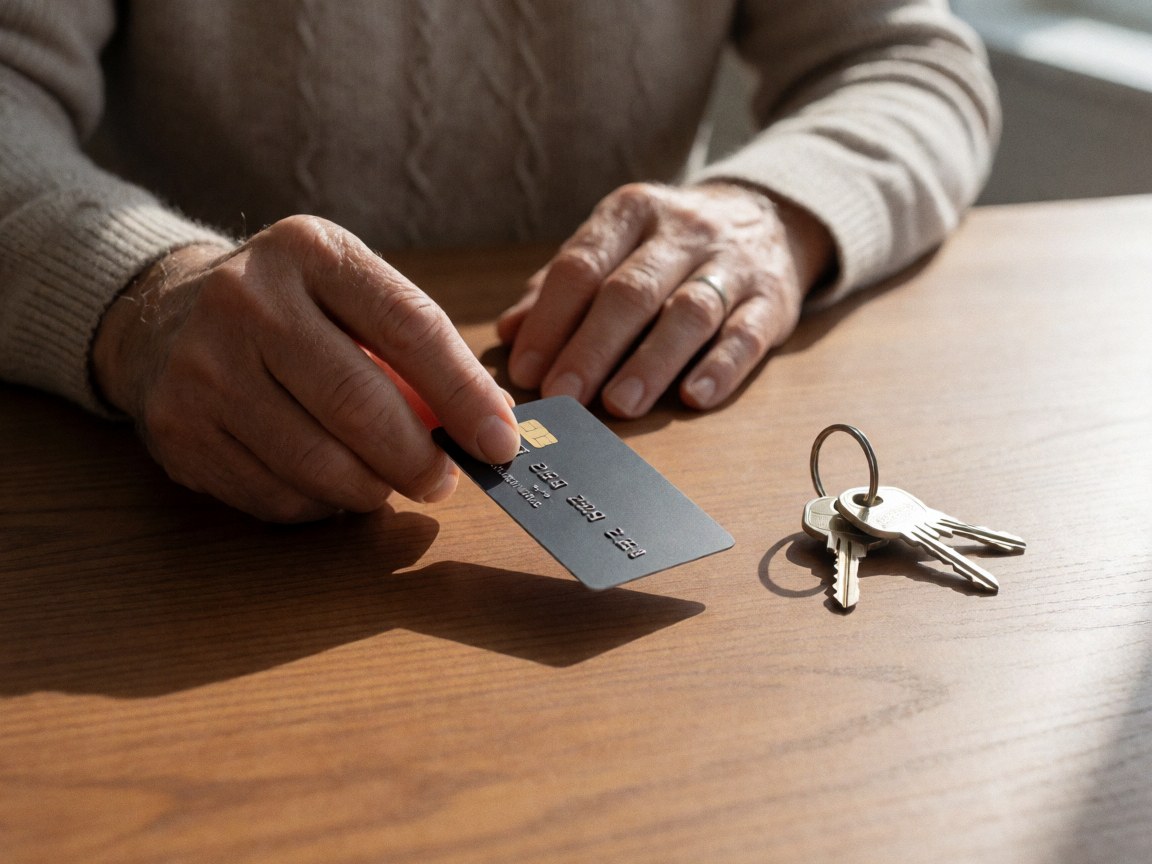 Une main tient une carte de crédit à côté de clés de maison sur une table en bois éclairée par la lumière naturelle, symbolisant la sécurité financière.