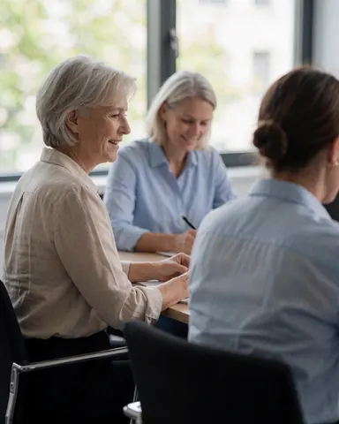 Trois femmes participant à une réunion de sécurité dans un bureau professionnel éclairé par la lumière naturelle.