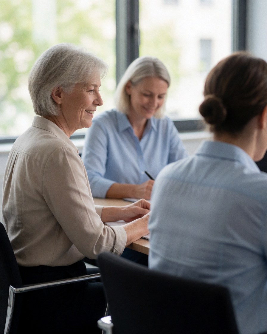 Trois femmes participant à une réunion de sécurité dans un bureau professionnel éclairé par la lumière naturelle.